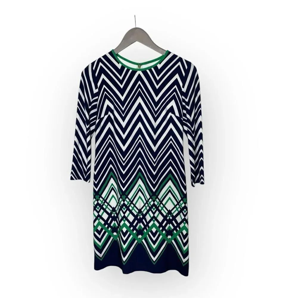 Eliza J. Jersey Dress Navy Blue White Chevron Pattern Shift Size 2